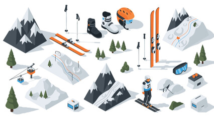 Isometric winter sports equipment and scenic ski resort elements