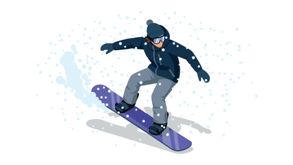 Snowboarder in action jumping through snowy winter landscape