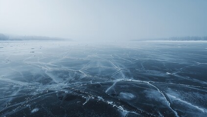 Spanning frozen lake surface revealing polygonal cracked ice toward misty horizon, with treeline