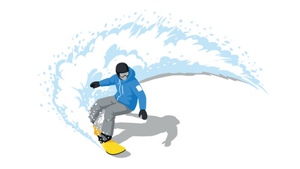 Snowboarding action in winter scene with blue jacket and snow spray