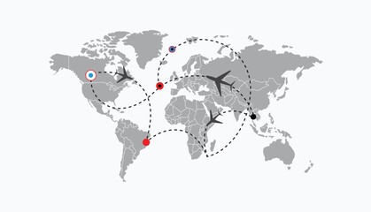 Airplane flying with dotted line route. Air travel journey concept. Aircraft flight path with start point, loop and destination.