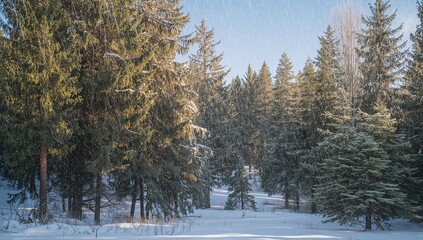 Framing snow-dusted evergreen cluster casting long shadows in winter forest clearing, faint tracks