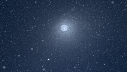 Naklejka premium Glowing bright full moon casting soft halo in night sky, with falling snow particles and stars