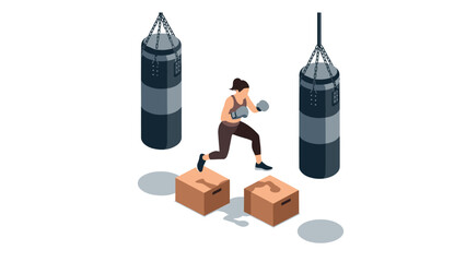 Isometric female boxer training with punching bags and boxes in gym setting