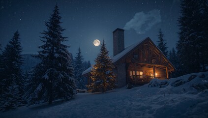 Glowing log cabin sitting on snowy mountain, with smoking chimney, lit evergreen, parked vehicle