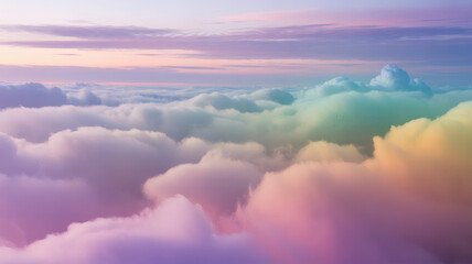 Obraz premium Colorful fluffy clouds in a vibrant pastel sky, a dreamlike aerial view of serene heaven