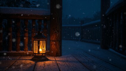Glowing metal lantern, lit candle casting glow on snowy wooden deck at night, falling snowflakes