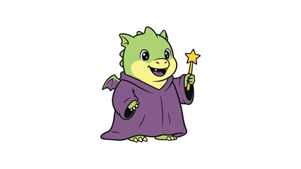 Cute green dragon in purple robe holding star wand smiling