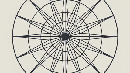 Geometric black line art drawing of a starburst circle on a light background, symmetrical design