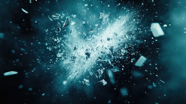 Dynamic explosion of transparent glass or ice shards scattering outwards from a central impact point against a dark teal background, conveying concepts of breaking, power, and abstract energy