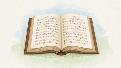 Fototapeta premium Showing bound music book open, printed staves and clefs on cream paper, gilded edges, visible spine