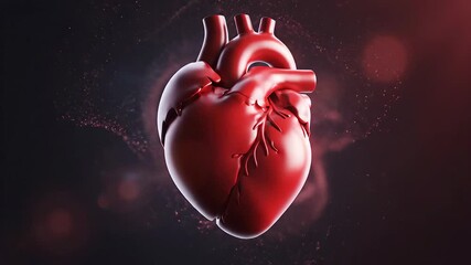 A stunning three dimensional digital rendering of a vibrant red human heart meticulously detailed and anatomically accurate floating gracefully against a dark abstract background with subtle glowing .