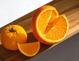 Sliced orange, whole orange and orange segment on a wooden surface