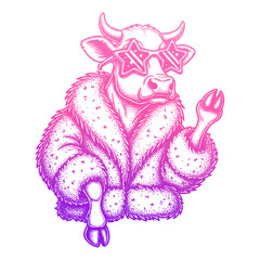 fashion cow wearing star sunglasses and fluffy fur coat retro halftone illustration
