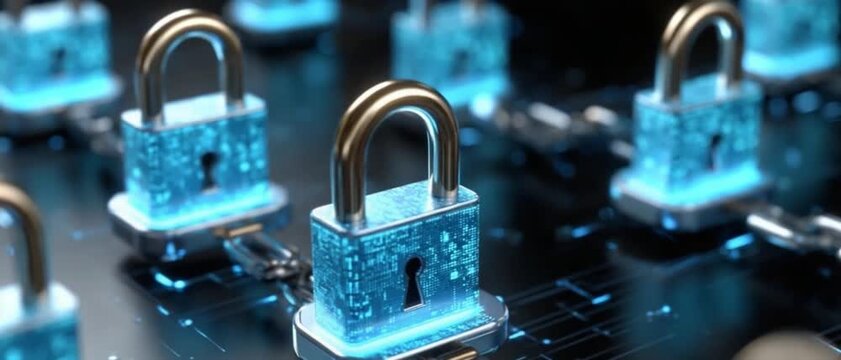 Cyber Security Locks: A series of glowing digital padlocks linked together, symbolizing the strength and interconnectedness of robust cyber security measures in the digital realm.