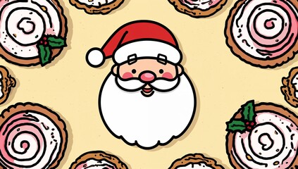 Displaying Santa head wearing red hat with white trim on beige backdrop, surrounded by pastries