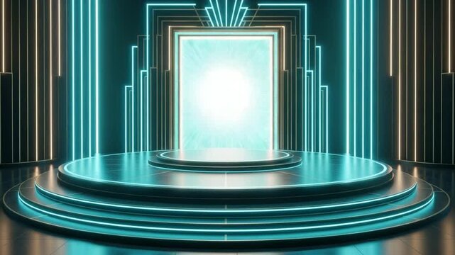 Neon Stage with Futuristic Design: A captivating futuristic stage bathed in neon light creates a vibrant background, the striking design promises an immersive experience of any occasion. 