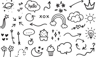 Hand drawn doodle line art balck and white  vector set.