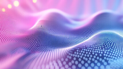 Abstract technology background showing glowing particles forming a wavy grid, representing a futuristic concept of sound, data, or energy fields in a vibrant color gradient
