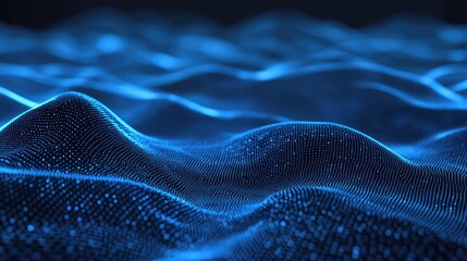 Digital particles forming flowing wave patterns represent data transmission, blockchain technology, artificial intelligence, and a dynamic technological background for various concepts