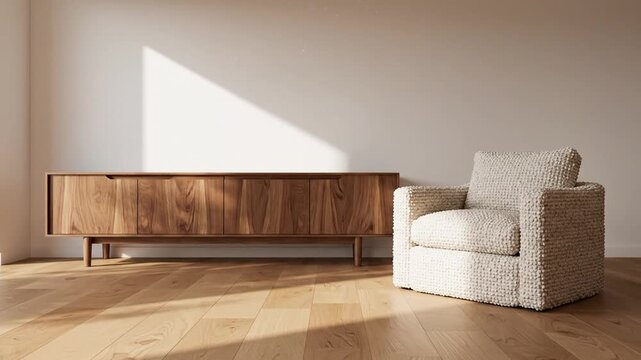 Sunlit minimalist living area with a wooden sideboard and a plush beige armchair under soft shadows!