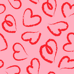 Seamless pattern of red hand drawn romantic hearts on a pink background. Design elements for Valentine's Day. Vector illustration