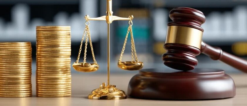 Justice and Prosperity: A meticulously arranged scene featuring a golden scale of justice alongside stacks of coins and a gavel. This image is a visual metaphor for legal financial decision making.