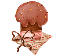 Easter cake, bow and branches greeting card Christian Holiday.  Holiday cake and floral branches. Hand drawn spring illustration on isolated background