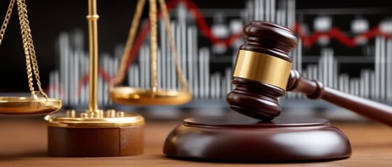Law and Order: A symbolic depiction of law and order with a gavel resting on a wooden block beside a balanced scale, set against a backdrop of financial data.