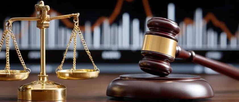 Legal Balance and Judgment: The image features a meticulously crafted golden balance scale symbolizing fairness alongside a gavel poised on a wooden block.
