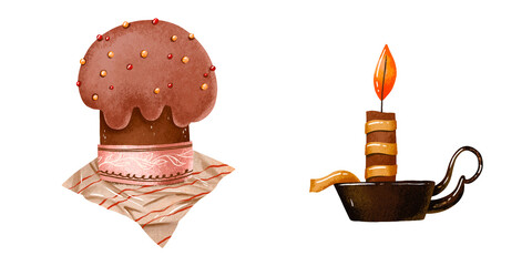 Easter cake  and candle. hand drawn spring illustration on isolated background