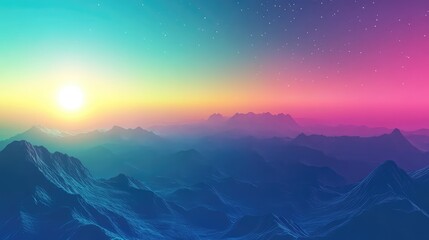 Vibrant abstract mountain landscape with a captivating surreal sky, displaying a vivid gradient of colors from warm yellow to cool blue and pink hues during a celestial event