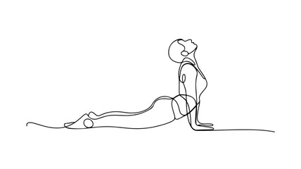 This image is a continuous line art illustration of a woman performing the Upward-Facing Dog yoga pose (Urdhva Mukha Svanasana) or a deep Cobra Pose (Bhujangasana). 
