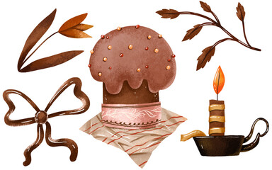 Easter cake  and candle, bow, tulip. hand drawn spring illustration on isolated background