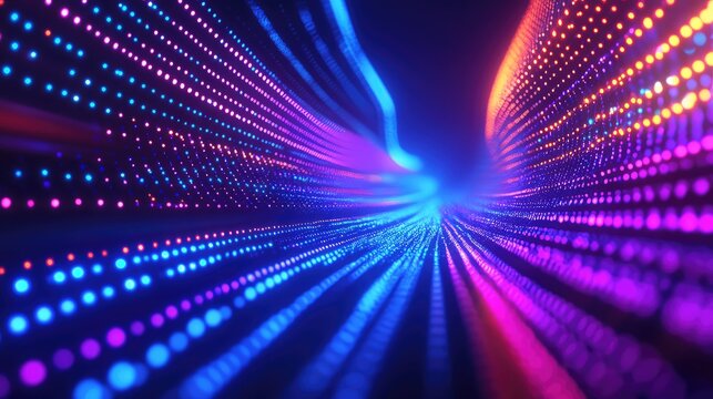 Abstract luminous particles forming dynamic lines representing global data flow, network connections, and communication streams in a technological cyberspace environment - Powered by Adobe