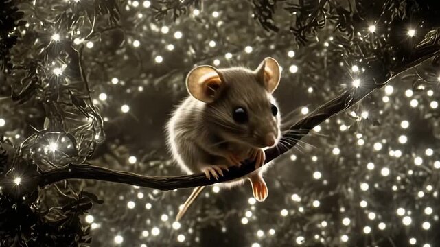 Mouse explores a cosmic landscape surrounded by stars and golden dust