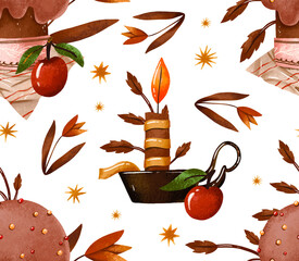 Easter cake,  candles, apples  seamless pattern. Christian Holiday.  Holiday cake and floral branches. Hand drawn spring illustration on isolated background