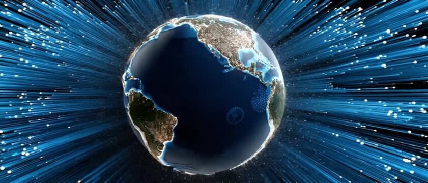 Digital World Connection: A luminous, high-tech representation of the globe is surrounded by radiating data streams, visually narrating the worldwide web's connectivity and its global impact.