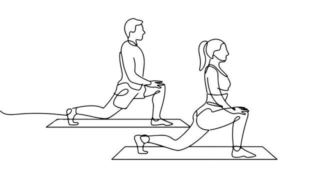 continuous line drawing depicts two individuals, a man and a woman, both in a low lunge or hip flexor stretch position on exercise mats.