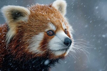 Fototapeta premium Red panda enjoying a snowy winter landscape while playfully interacting with the snowflakes in a serene forest setting