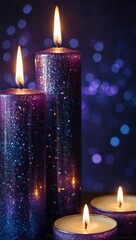 Glittering purple candles with warm flames on bokeh background Tall sparkling candles and tealights in cozy evening light. Elegant glitter candles glowing against dark purple backdrop.