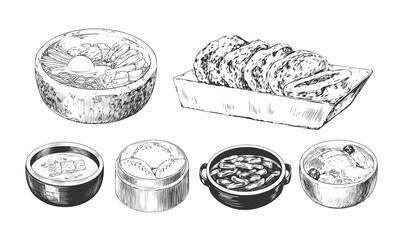 Set of Asian food. Collection of Korean dishes. Sketch style soup, sweet pies, noodles, chicken isolated in white background