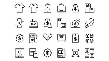 A grid of 24 minimalist line icons is presented on a white background, all adhering to a consistent, simple outline style. 