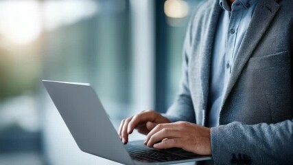 A man in a suit uses a laptop in a bright, modern office, symbolizing remote work and digital business. This photo highlights technology driven workspaces and professional efficiency