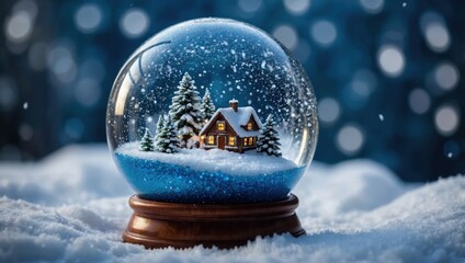 Christmas snow globe with cozy winter cabin. Festive snowglobe with lit house and pine trees. Magical holiday snow globe on snowy background.
