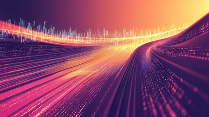 Fast moving digital data streams and glowing fiber optic lines visualize connectivity, information flow, and high speed network infrastructure in vibrant purple, orange, and pink hues