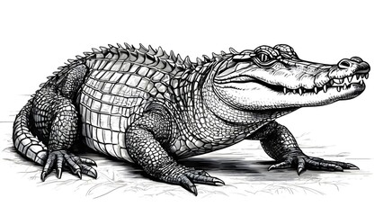 Fototapeta premium Illustrated alligator sitting on the ground, showing reptile posture, textured skin, and detailed wildlife drawing in a realistic artistic style