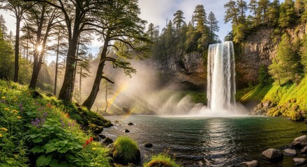 A serene waterfall cascades into a tranquil pool, surrounded by lush greenery and a rainbow in the mist.