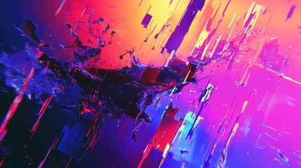 Abstract digital glitch creating a vibrant textured background with scattered geometric fragments and dynamic neon colors, representing data, technology, and futuristic concepts