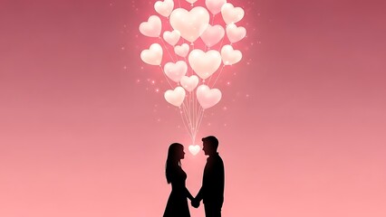 Romantic couple holding hands under floating pink heart balloons